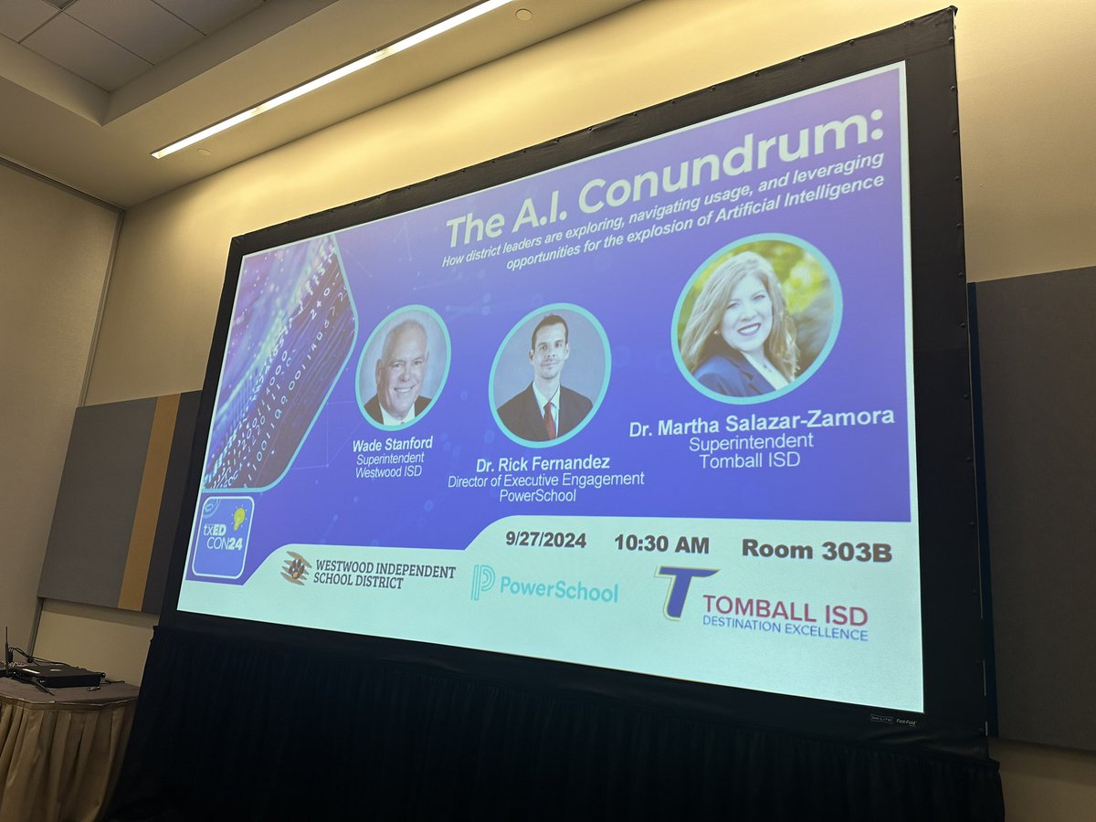 wadestanford's tweet photo. Blessed to have the opportunity to join @m_salazarzamora and @edu_DrF at txEDCON24 to discuss AI. Always great to present and learn alongside these #RockStars!!
@tasanet @tasbnews @WestwoodISD #WWWay #leadership #SmallDistrictDoingBigDistrictThings #txedcon24 #suptchat #leadlap https://t.co/WZuLaLcByH