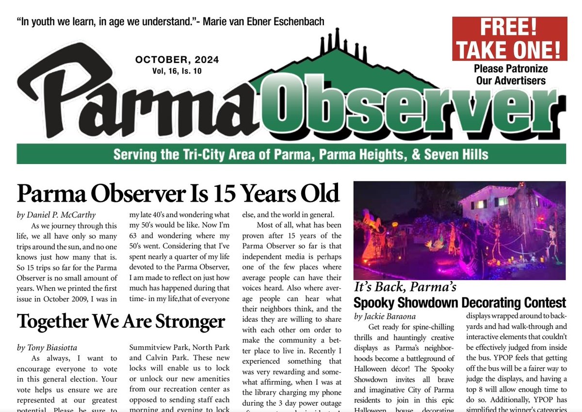 ParmaObserver's tweet image. NOW AVAILABLE: The October 2024 issue of the Parma Observer is out now and is available online! 🎃🦇 🇺🇸🇺🇦

media.parmaobserver.com/issue_pdfs/Par…