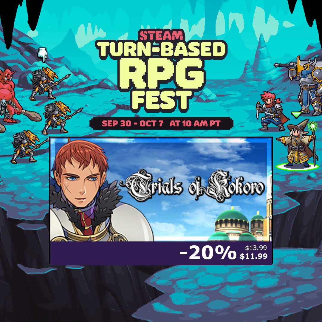 TDurdenArt's tweet image. Hello everyone! Trials of Kokoro is on sale, as part of the Turn-Based RPG Fest! Please check it out if you enjoy strategic RPGs with a Visual Novel storyline! Link in comments!