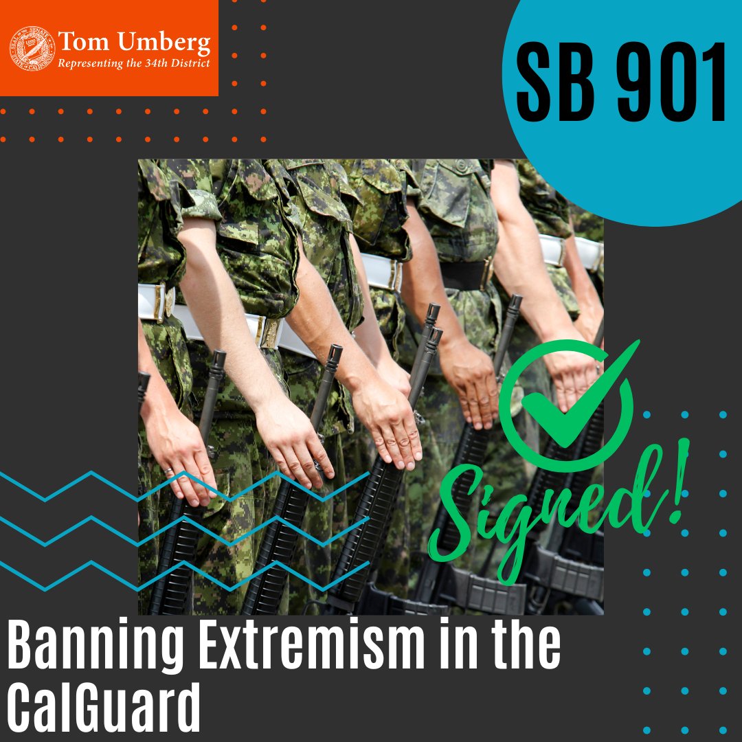 SenatorUmberg's tweet photo. I’m proud to share that my #SB901 was signed into law over the weekend! 

People who do not share the beliefs of safety and equality should not be allowed to represent California locally or nationally, especially with a weapon in hand. #CALeg https://t.co/m9RoHKZuV4