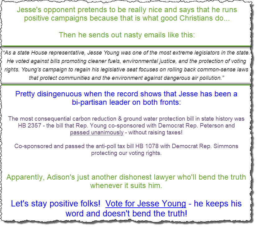 RealJesseYoung's tweet photo. Apparently, Jesse's opponent is going to break his pledge to run a clean campaign!

Instead, let's unite to protect our families, protect our futures, and protect our state!  #VoteJesseYoung https://t.co/FbjXmloUro