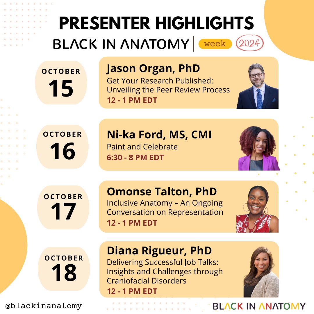 Black in Anatomy (@blackinanatomy) on Twitter photo Announcing the 2024 #BlackinAnatWeek presenters! Join us for professional development & celebration events with Drs. Jason Organ (<a href="/OrganJM/">Jason Organ (@organjm.bsky.social)</a>), Omonse Talton, and Diana Rigueur & #PaintCelebrate with Ni-ka Ford (<a href="/Enlight_Visuals/">Ni-ka</a>)!
Registration links soon at blackinanatomy.org Announcing the 2024 #BlackinAnatWeek presenters! Join us for professional development & celebration events with Drs. Jason Organ (<a href="/OrganJM/">Jason Organ (@organjm.bsky.social)</a>), Omonse Talton, and Diana Rigueur & #PaintCelebrate with Ni-ka Ford (<a href="/Enlight_Visuals/">Ni-ka</a>)!
Registration links soon at blackinanatomy.org