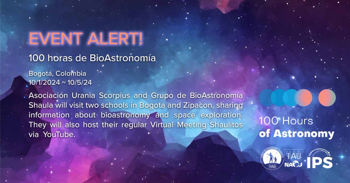 IAU_Outreach's tweet photo. #100HoursOfAstronomy Event Alert!

Asociación Urania Scorpius and Grupo de BioAstronomía Shaula will visit 2 schools in Bogota and Zipacon, sharing information about bioastronomy and space exploration. They will also host their regular Virtual Meeting Shaulitos via YouTube. https://t.co/mUyws5rz56