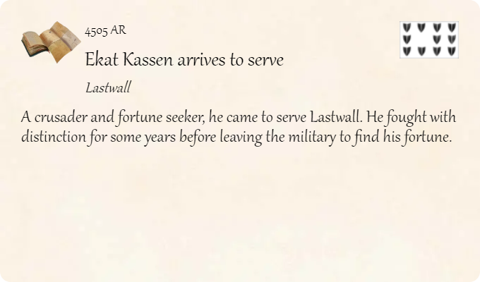 GolarionToday's tweet photo. 4505 AR: Ekat Kassen arrives to serve
#Lastwall #EkatKassen #4505AR
https://t.co/S5dk6ShhCb
A crusader and fortune seeker, he came to serve Lastwall. He fought with distinction for some years before leaving the military to find his fortune. https://t.co/Tsn9j1mUpH