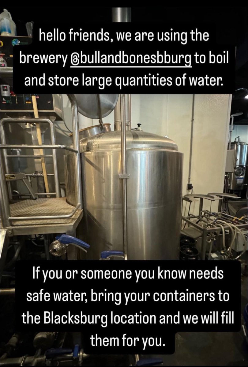 tinainvirginia's tweet photo. Bull &amp; Bones in Blacksburg is using their brewery equipment to boil and store water for the Blacksburg and surrounding community. Bring your own container and get some free, safe water Hokies! https://t.co/rNpbV126Vl