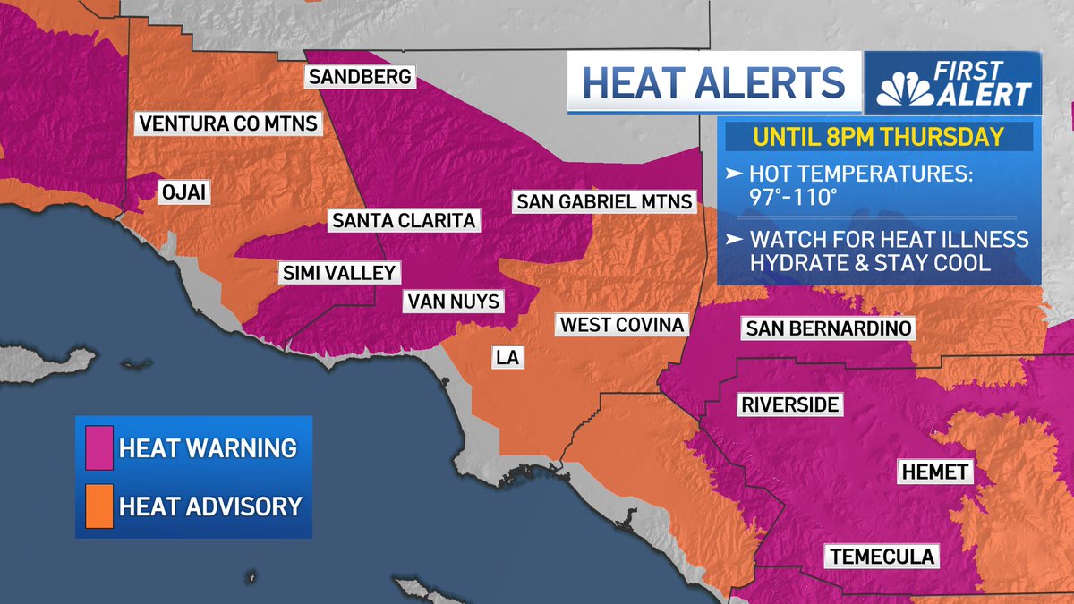 OCTOBER HEAT! Heat Advisories &amp; Excessive Heat Warnings until 8pm Thursday. Temperatures away from the coast: 10 to 20 degrees above average! #OctoberHeat #FallHeat #CAwx #NBCLA <a href="/NBCLA/">NBC Los Angeles</a>