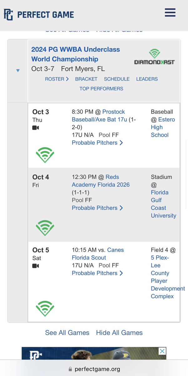 My schedule for the WWBA World UnderClass with <a href="/theallianceclub/">The Alliance Baseball</a>