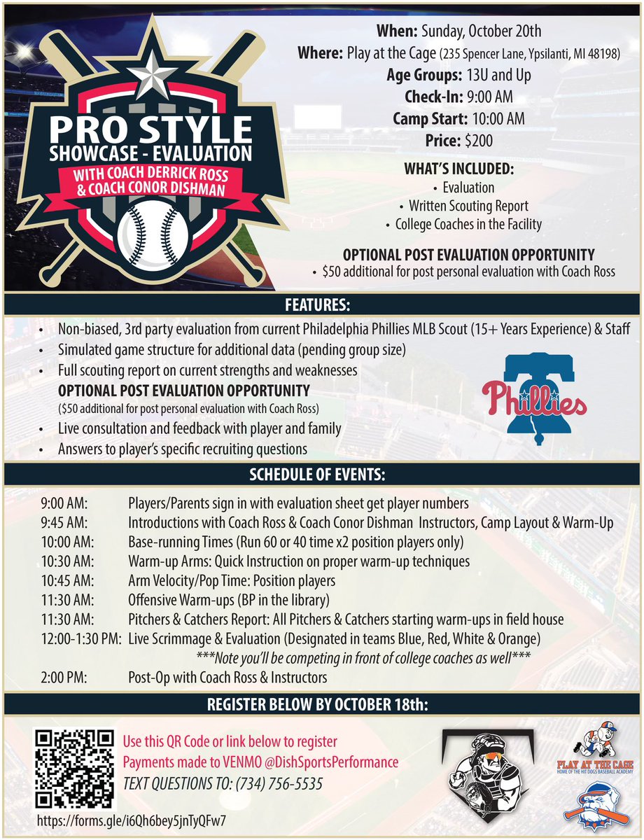 PRO STYLE SHOWCASE EVAL ⚾️

Join us at our facility, Play at the cage for a tremendous opportunity with Coach Derrick Ross and Coach Conor Dishman!

📍 Play at the Cage
ℹ️ Sunday, October 20th
⚾️ 13 &amp; Up

Register using the QR code or with google forms 

forms.gle/i6Qh6bey5jnTyQ…