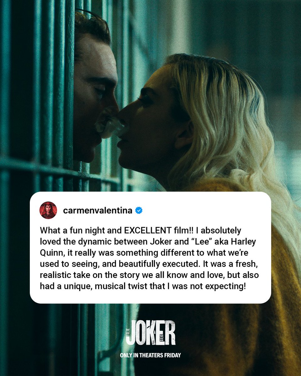 jokermovie's tweet photo. “Bold and daring.” Joker: Folie à Deux - only in theaters and @imax, this Friday. Get tickets now. #JokerMovie #FilmedForIMAX

https://t.co/Yc2y2zP2ZO https://t.co/LqS3pR6yIi