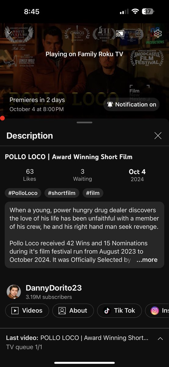 LouJone28's tweet photo. POLLO LOCO | Award Winning Short Film https://t.co/JPUY9oANg9 via @YouTube
Let’s get this to 100 likes for @dannydorito23
Then turn in Friday for this amazing short Flim. #Shortflim https://t.co/HPaxFI0HWL