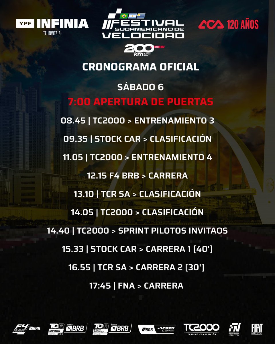 tcrsouthamerica's tweet photo. #CronogramaOficial
Festival Sudamericano de Velocidad y 200KM BA TC2000.
💥Todo listo para un fin de semana a puro motor!
Festival Sul-Americano de Velocidade e 200KM BA TC2000.
💥Tudo pronto para um fim de semana repleto de motores!
#FSDV #TCRSouthAmericaBRB #TCRBrasilBRB #StockCar #TC2000 #200KM #F4BRB #FN