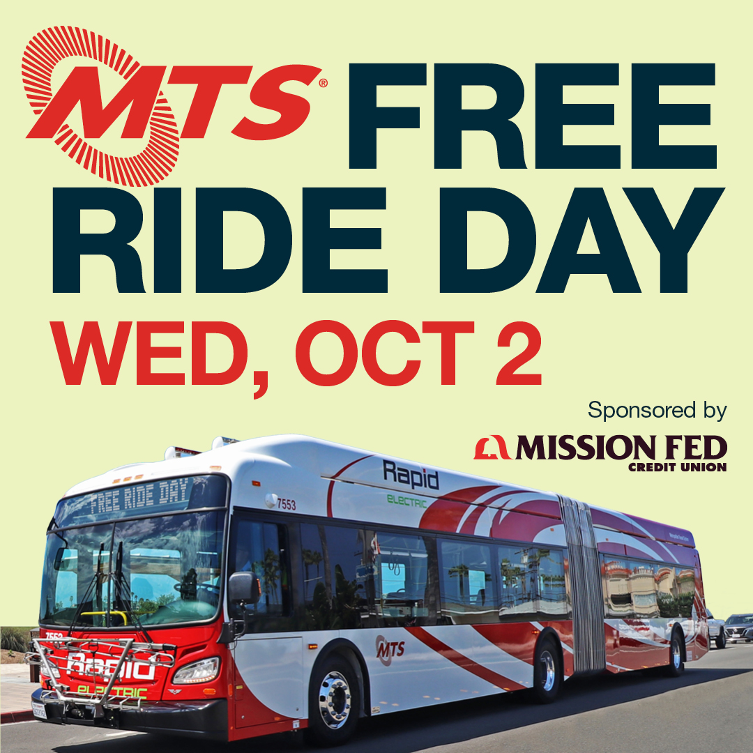 MayorToddGloria's tweet photo. Get a free ride tomorrow, Wednesday, Oct. 2! 🚌🚋 @sdmts���s Free Ride Day is back, offering free rides all day on MTS Trolleys, buses, and more. It’s a great chance to explore #SanDiego while helping reduce carbon emissions for #CleanAirDay! 🌎 #FreeRideDay #ForAllOfUs https://t.co/MdsZqJs72J