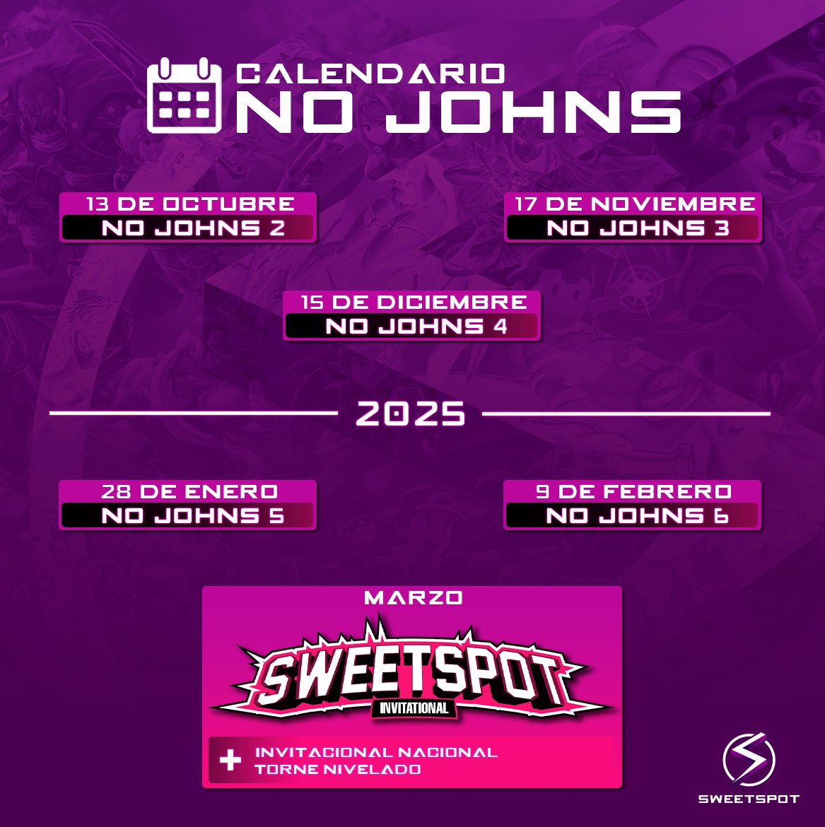 Hay No John's para rato 🔥

Calendario No Johns:
NJ #2: 13 de Octubre
NJ #3: 17 de Noviembre
NJ #4: 15 de Diciembre
NJ #5: 28 de Enero
NJ #6: 9 de Febrero

Y en Marzo tendremos el Invitacional Nacional, el Torneo Nivelado y el SweetSpot Invitational! Ya pronto mas detalles 👀
