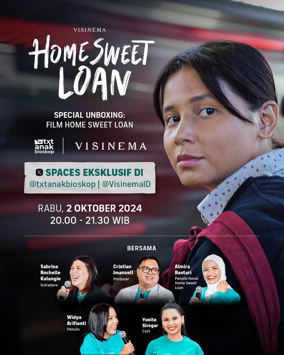 txtanakbioskop's tweet photo. Selamat pagiiii 👋🏽👋🏽

Malam ini akan ada X spaces

Special Unboxing bareng @yunitas196 @numpangobrol @sabrochelle @Crist_Imanuell @almirabastari

dan dipandu oleh acuuuu dan teman-teman lain.

Lesgo kita kulik lebih detail film Home Sweet Loan 🤩✨
https://t.co/TWa4p3y8Ob https://t.co/7Pv7Q2AfLF
