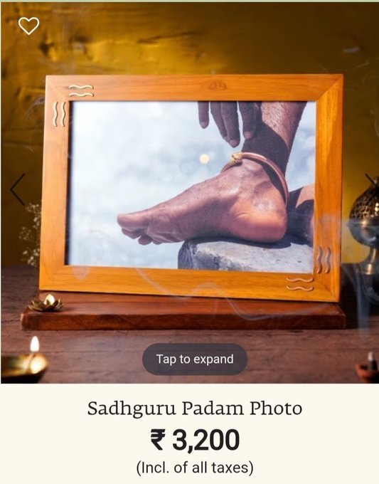 Ksareen30's tweet photo. A lot of people seem to be painfully "TRIGGERED" by seeing a photo frame of Sadhguru's feet being sold so I thought I'd make a post about The significance of the Guru's Feet which is highly talked about in Hinduism (and even Sikhism) and if it's okay for such photos to be "sold" for money.

Vande gurūṇāṃ caranāravinde saṃdarśitasvātmasukhāvabodhe niḥśreyase jāṅgalikāyamāne saṃsārahālāhalamohaśantyai

"I bow to the lotus like feet of the Guru, which have shown us the bliss of our own Ātman most excellent, acting like the forest doctor removing the most deadly poison that produces the delusion of saṃsāra (the cycle of birth and death).  "The first line of the mantra lays the foundation for the relationship between Guru and student, stating “I bow (vande) to the lotus feet (caraṇa-aravinde) of the Guru.” (Gurūṇāṃ – plural is used as a respectful form.) For many years, I touched the feet of my Guru with only a limited understanding of its real significance. I focused my attention on my Guru as an individual with all his own qualities, along with a certain amount of attachment to him as a person. There is a lot of merit, of course, in the respect that we have for our teachers as people, but familiarity can easily get in the way of the teachings that we hope to receive. When we state that we are bowing to the Guru’s lotus feet, rather than to the personality, we are really bowing to the spiritual knowledge that is held in the Guru’s heart, which we hope will transfer to us. The Guru’s lotus feet are synonymous with the Ātman, or soul, which is sat cit ānānda, the highest truth and the source of permanent joy within us. It is this spiritual knowledge that reveals (saṃdarśita.) and awakens (avabodha) us spiritually to the bliss (sukha) of our own Ātman (sva-ātma). In this way, the Guru’s role is well beyond the personal, guiding us toward a direct experience of something within us; something that does not rely on external relationship.

The true Guru, having directly experienced and understood the nature of the Ātman, attempts to bring the realization of that same knowledge within the student. This process has been described in some traditions as the Guru placing their lotus feet within the heart of the student. It is said that by touching the Guru’s feet, we are taking the dust from the path that he or she has traveled, leading to their own spiritual awakening. Placing the dust on our eyes symbolically opens them for our own illumination."

Now some people are saying by selling such a photo this is immoral, unethical, a sham, fraudulent behavior, etc etc. If we can touch the feet of our elders, our gurus, and people we look upto, what is wrong with keeping a photo of their feet? If someone is happy about it - what is your problem? Is it wrong to charge money? Being a spiritual organization doesn't mean you don't charge money, being a non-profit organization doesn't mean you don't charge money, it simply means that the revenue earned goes back into the organization. There are over 7,000 full time volunteers at Isha Foundation, hundreds of centers across the world, multiple ashrams, so many projects and initiatives run by @ishafoundation. If they are charging money for programs, for photos,  so they can fund all this, what is your problem? "Oh in the old days gurus never charged money" - Yeah buddy in the old days the Kings would sponsor all the ashrams, would sponsor all the social projects. Now you have to earn it on your own. If Sadhguru begged for the money you would say - "Oh look at him he's a beggar." Now he is charging " Oh look at him he's charging money." The problem is not in him charging money, it's just that when you have biases and prejudices against someone or what they represent, you will become an expert at creating problems!