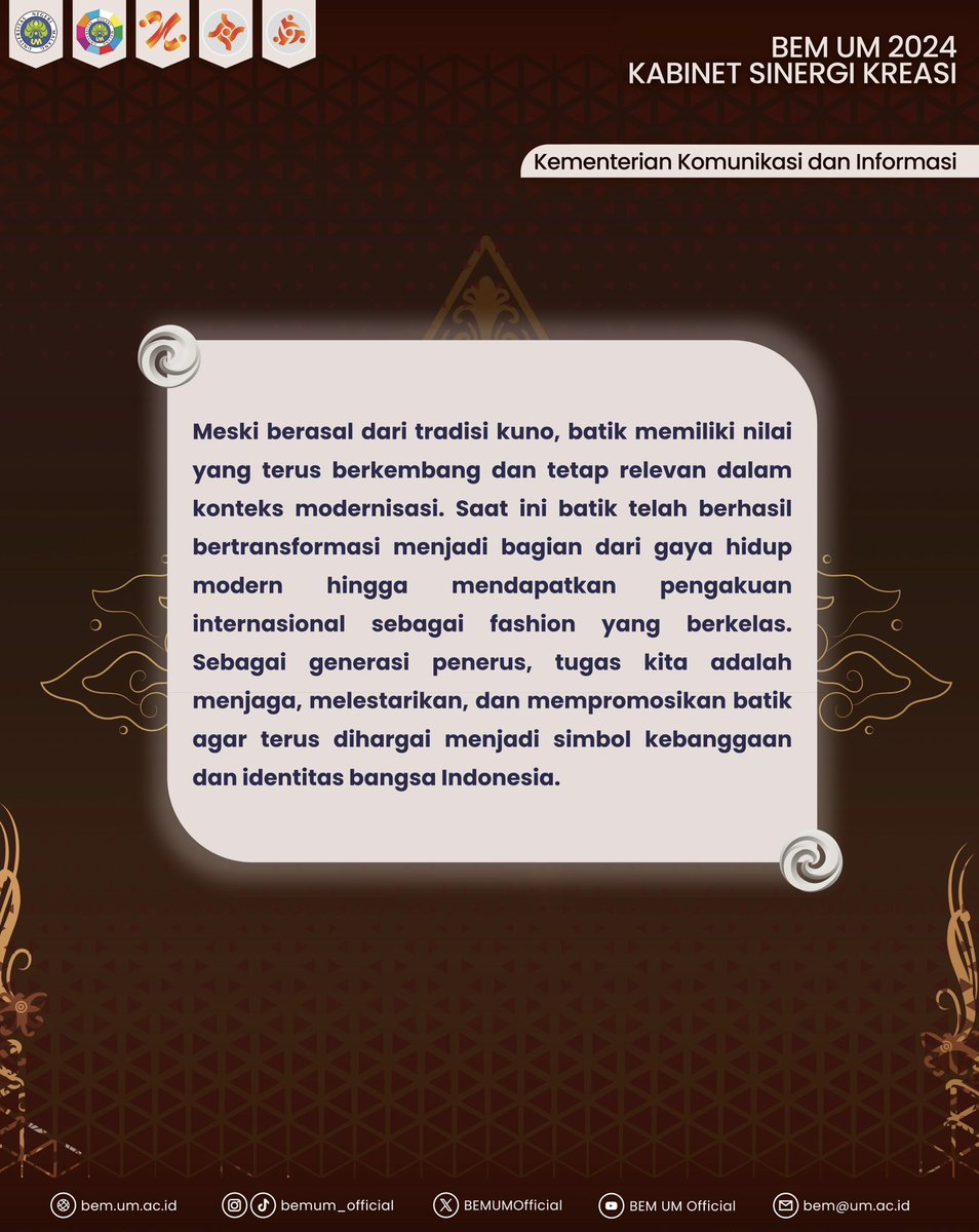 [Hari Batik Nasional 2024]

Di setiap helai batik, tersimpan cerita, kearifan, dan kebanggaan bangsa.
Selamat Hari Batik Nasional! Bangga berbatik, bangga menjadi bagian dari negeri yang beragam, Indonesia.