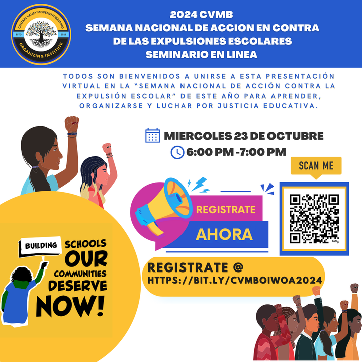 CentralValleyMB's tweet photo. ¡Únete a nosotros vía Zoom para el Seminario en línea en la Semana Nacional de Acción contra la Explusión Escolar!
📅 23 de octubre de 2024 | 6 PM
👉 Regístrate aquí: https://t.co/8q4Wf9hL8N https://t.co/p0YEqFD1x7