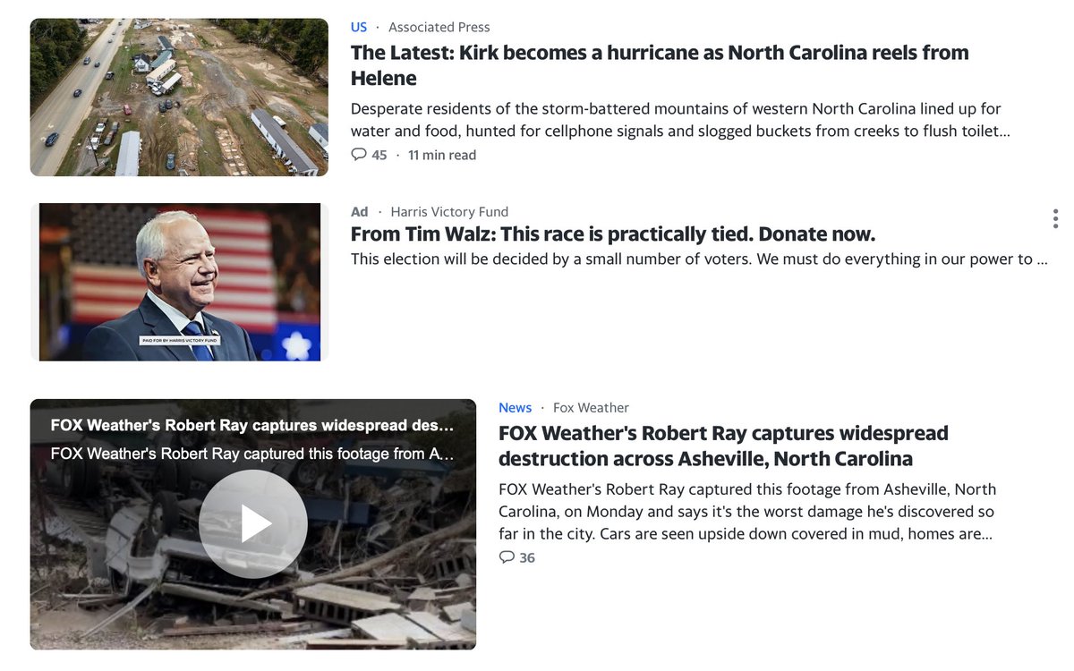 A screen shot from yahoo's webpage tonight. The need is great in the North Carolina mountains with the on going hurricane search, rescue and recovery, but a politician needs your money.