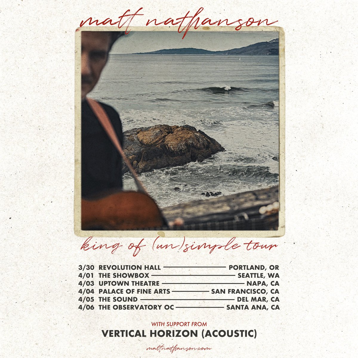 Vertical Horizon (@verticalhorizon) on Twitter photo Iām thrilled to be supporting the amazing <a href="/mattnathanson/">matt nathanson</a> for the US west coast leg of his āKing of (Un) Simple Tourā! Tickets on sale Oct. 4th! Iām thrilled to be supporting the amazing <a href="/mattnathanson/">matt nathanson</a> for the US west coast leg of his āKing of (Un) Simple Tourā! Tickets on sale Oct. 4th!