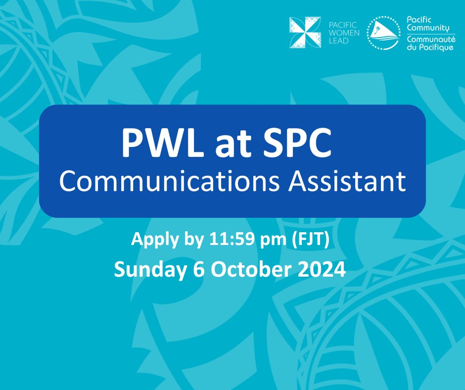 Pacific Women Lead (@pacwomenlead) on Twitter photo Are you an early-career communicator with a passion for storytelling & social media? <a href="/PacWomenLead/">Pacific Women Lead</a> at <a href="/spc_cps/">Pacific Community</a> is looking for a suitably qualified Fiji national for the role of Communications Assistant: bit.ly/3Bswj6c Apply by Sunday 6 October 2024 at 11:59pm FJT Are you an early-career communicator with a passion for storytelling & social media? <a href="/PacWomenLead/">Pacific Women Lead</a> at <a href="/spc_cps/">Pacific Community</a> is looking for a suitably qualified Fiji national for the role of Communications Assistant: bit.ly/3Bswj6c Apply by Sunday 6 October 2024 at 11:59pm FJT
