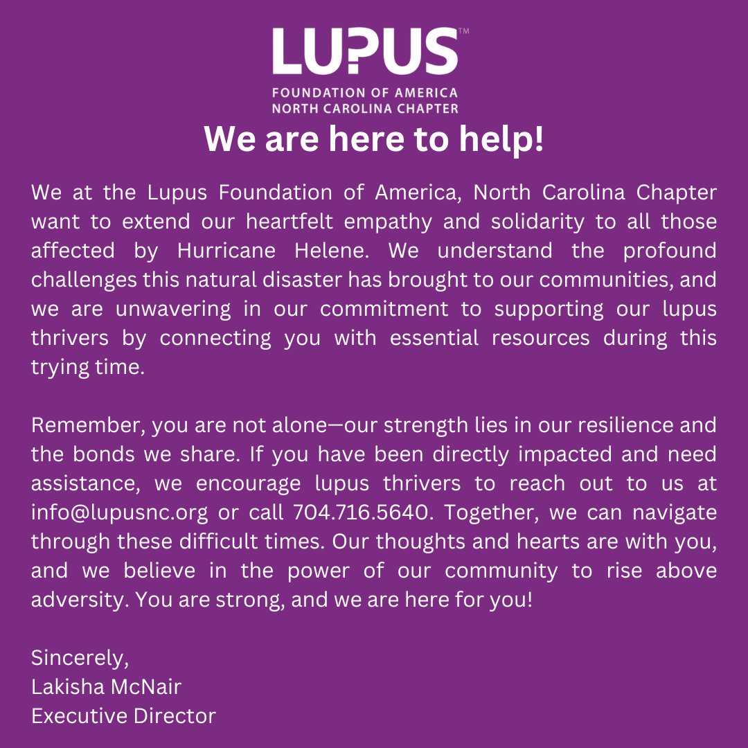 We are here to help North Carolina lupus thrivers during the aftermath of Hurricane Helene!