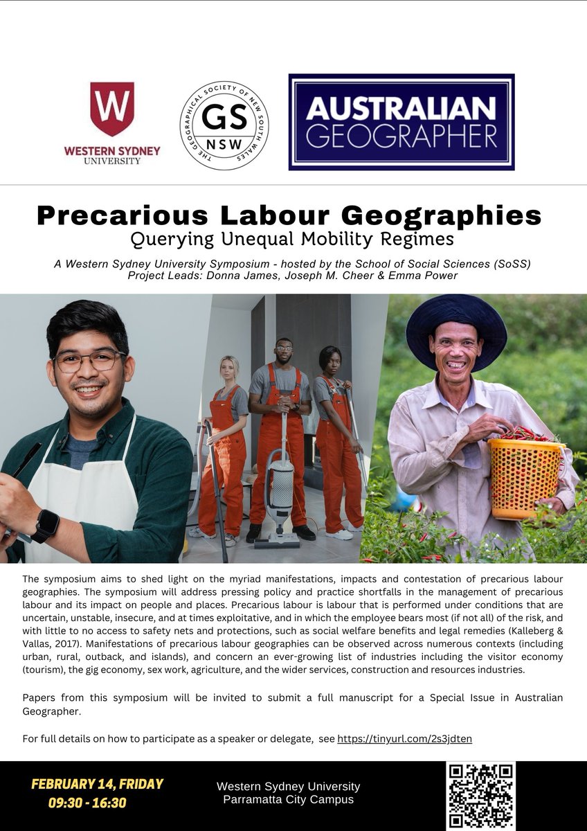 J.M. Cheer (@jmcheer1) on Twitter photo 🚩 A Call for Papers - Symposium and Special Issue in <a href="/austgeog/">AustralianGeographer</a> <a href="/KathyMee10/">Kathy Mee</a>
"Precarious Labour Geographies: Querying Unequal Mobility Regimes"
🔈 A Western Sydney University Symposium hosted by the School of Sciences
🚻 Project Leads: <a href="/donnamariesyd/">Dr Donna James (she/her)</a>, <a href="/jmcheer1/">J.M. Cheer</a> + <a href="/dremmapower/">Emma Power</a> 🚩 A Call for Papers - Symposium and Special Issue in <a href="/austgeog/">AustralianGeographer</a> <a href="/KathyMee10/">Kathy Mee</a>
"Precarious Labour Geographies: Querying Unequal Mobility Regimes"
🔈 A Western Sydney University Symposium hosted by the School of Sciences
🚻 Project Leads: <a href="/donnamariesyd/">Dr Donna James (she/her)</a>, <a href="/jmcheer1/">J.M. Cheer</a> + <a href="/dremmapower/">Emma Power</a>