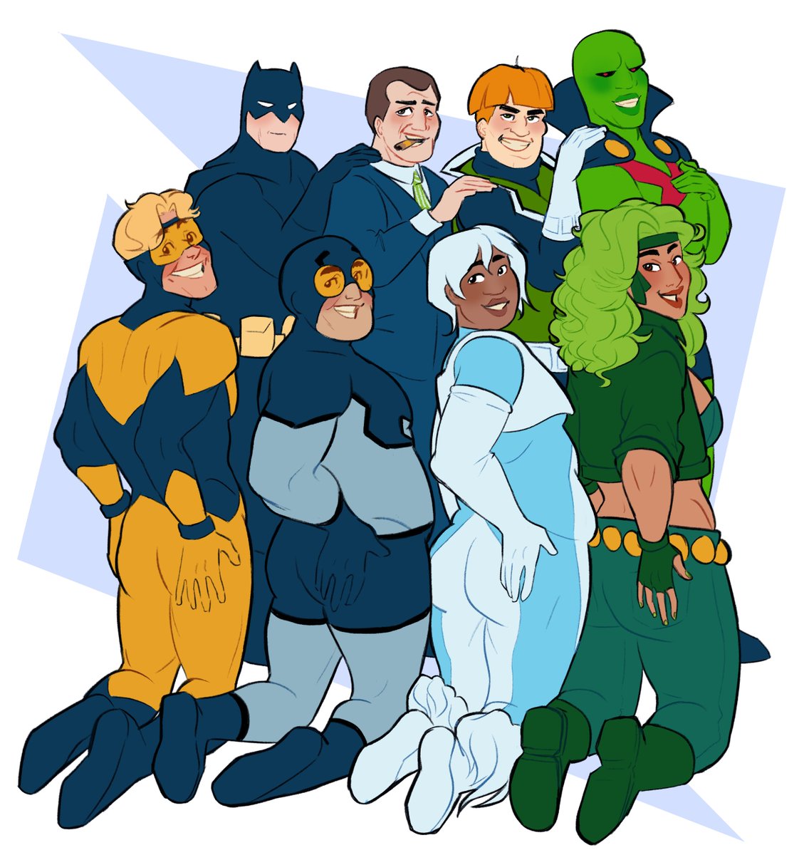 tiredtuff's tweet photo. the justice league international promotional photo! I'd trust these guys #jli #justiceleague #boostergold #bluebeetle #tedkord #toraolafsdotter #beatrizdacosta #batman #maxlord #guygardner #martianmanhunter https://t.co/pTjFtei9kO