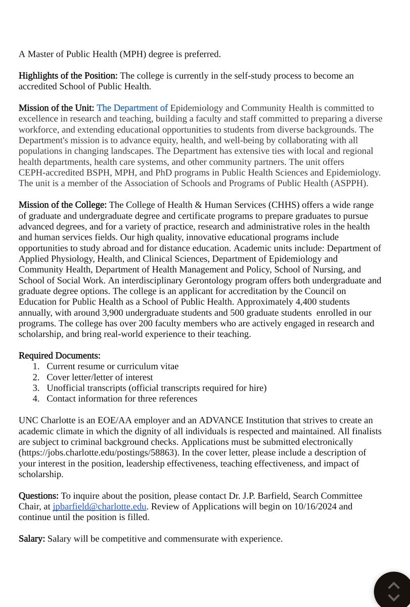 Alicia Anne Dahl, Ph.D. (@pubhealthdahl) on Twitter photo 🚨JOB OPP!!! Come work <a href="/CLT_CHHS/">UNC Charlotte College of Health & Human Services</a>: Department CHAIR of Epidemiology and Community Health. We're moving towards the School of Public Health status! It's a very exciting time! @DocRobPhD23 <a href="/THEbeetebeat/">deborah beete (she/her)</a> @mczarwell <a href="/JessamynBee/">Jessamyn Moxie</a> <a href="/jescobaralegria/">Jessica Escobar DeMarco, Ph.D.</a> <a href="/BrownDace/">candace brown, phd</a> jobs.charlotte.edu/postings/58863 🚨JOB OPP!!! Come work <a href="/CLT_CHHS/">UNC Charlotte College of Health & Human Services</a>: Department CHAIR of Epidemiology and Community Health. We're moving towards the School of Public Health status! It's a very exciting time! @DocRobPhD23 <a href="/THEbeetebeat/">deborah beete (she/her)</a> @mczarwell <a href="/JessamynBee/">Jessamyn Moxie</a> <a href="/jescobaralegria/">Jessica Escobar DeMarco, Ph.D.</a> <a href="/BrownDace/">candace brown, phd</a> jobs.charlotte.edu/postings/58863