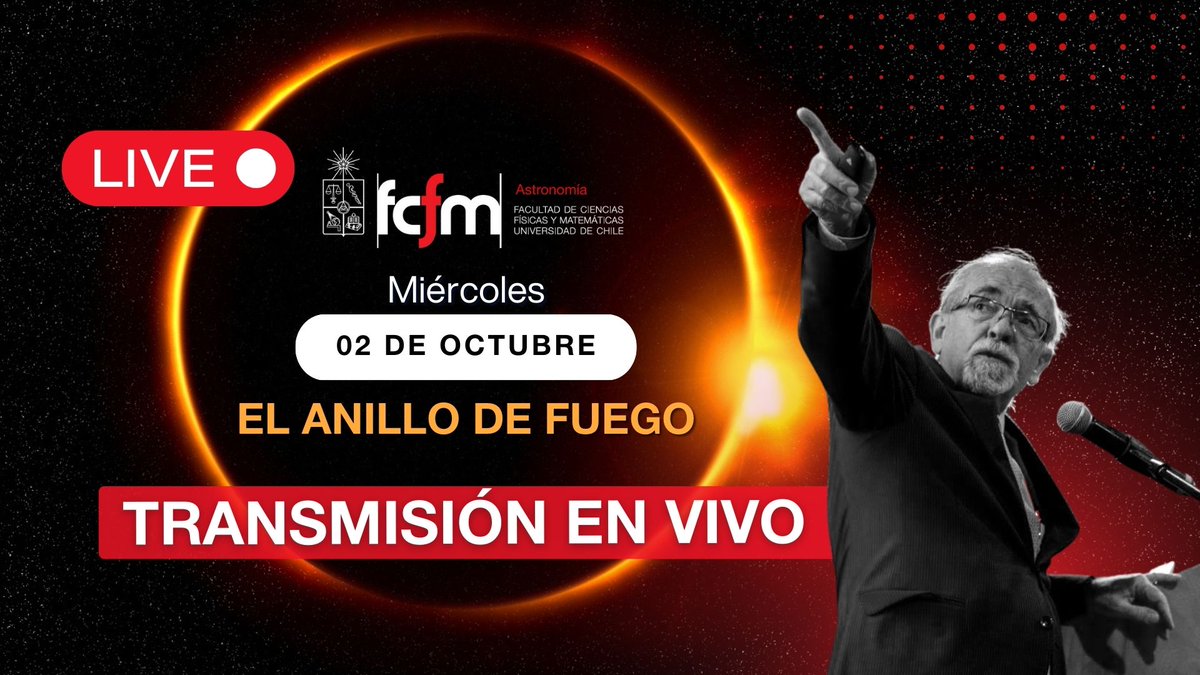 AstroUchile's tweet image. 🔴Únete a la transmisión en vivo de la charla &quot;ECLIPSES&quot; 🌘☀️del Profesor José Maza. 

¿Cuándo? ➡️ Este MIÉRCOLES 02 DE OCTUBRE, 17:00hrs desde Aysén. A través de nuestro canal de youtube: youtube.com/@astrouchile?s… 

#eclipsesolar2024 #eclipse2024  #eclipsechile @uchile