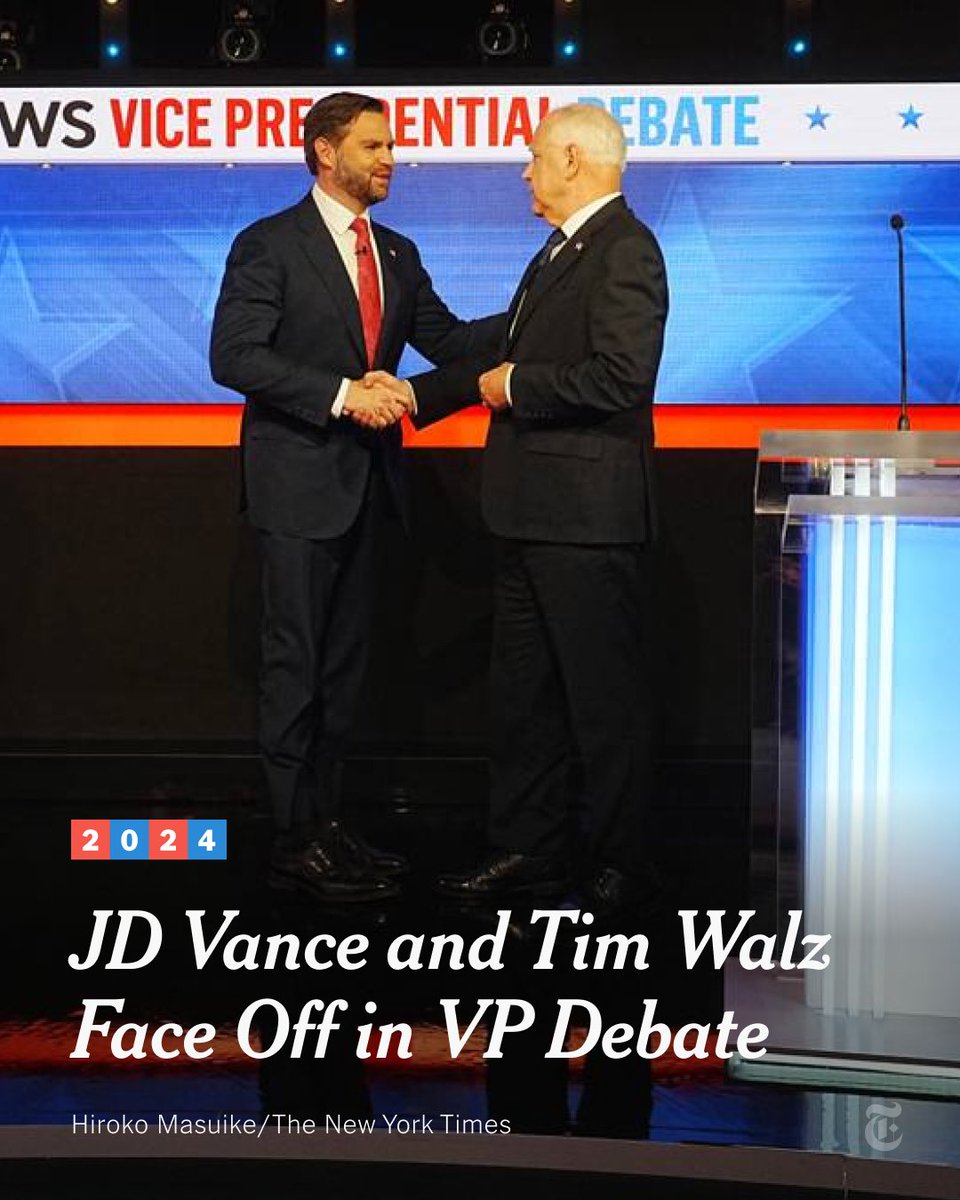 nytimes's tweet image. The debate between Senator JD Vance and Gov. Tim Walz is happening now. Polls indicate that a significant share of Americans have not formed opinions about either Vance or Walz. Follow along with real-time analysis: nyti.ms/4duBUpX