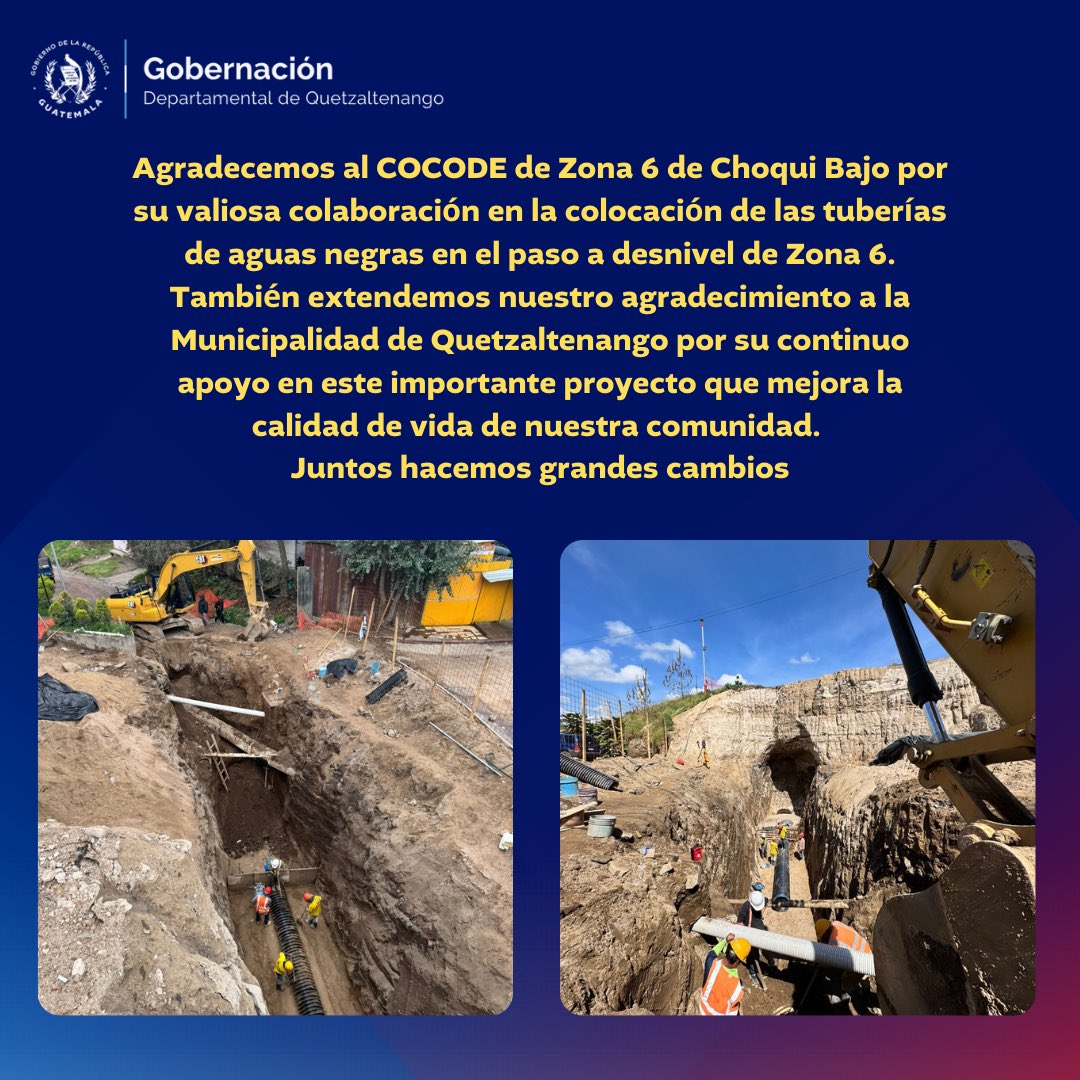 🚧💧 Gracias al COCODE de Zona 6 de Choqui Bajo y a la Municipalidad de Quetzaltenango por su colaboración en la colocación de tuberías de aguas negras en el paso a desnivel. ¡Juntos avanzamos! #MejoraComunitaria #Quetzaltenango #Infraestructura #COCODE #Zona6 #GoberXela