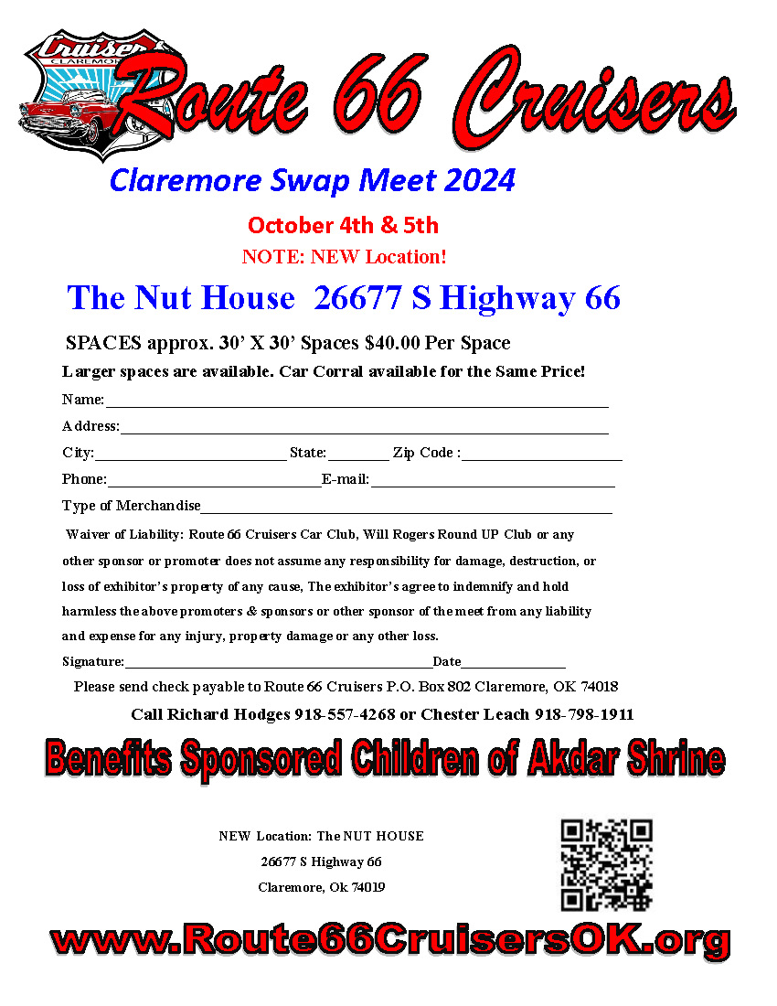 NOTE NEW LOCATION! The Nut House
Route 66 Cruisers Claremore Swap Meet

#route66 #claremore #oklaoma #cars #swapmeet

route66cruisersok.org