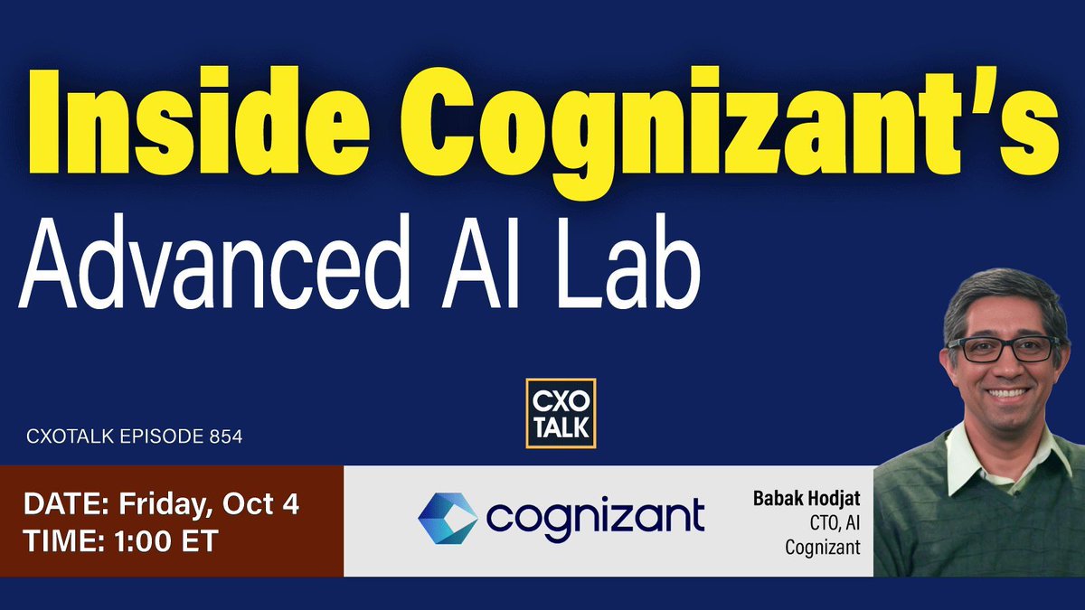 Fri. 4 Oct. 2024, LIVE at 1 pm ET / 10 am PT
Cognizant's Advanced AI Lab

#CXOTalk guest is @BabakAtWork, CTO <a href="/Cognizant/">Cognizant</a>.
cxotalk.com/episode/inside…

How can evolutionary algorithms be practical for use in AI?
Join us!

#AI #FutureOfBusiness #MultiagentSystems #Cognizant