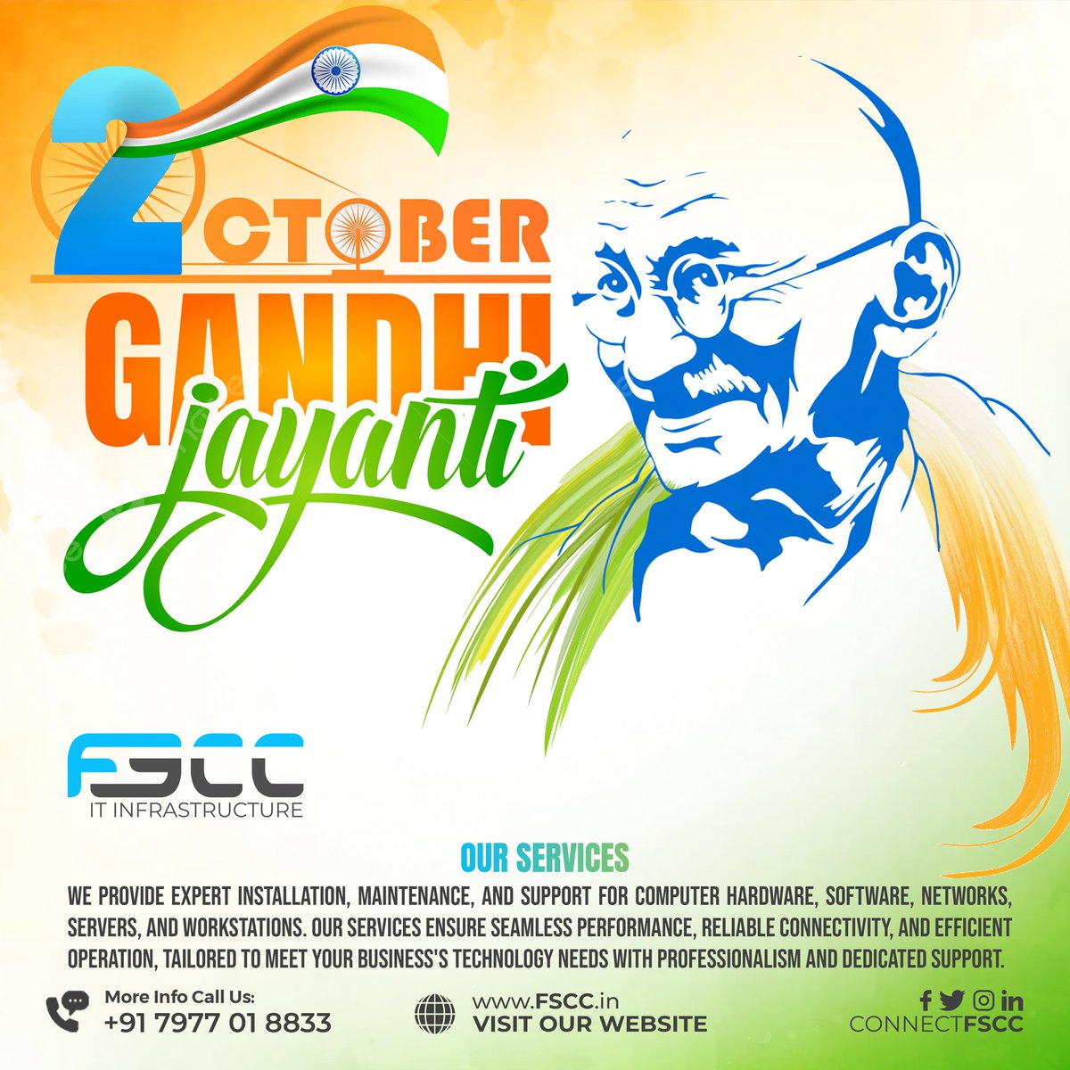 ConnectFSCC's tweet photo. 🌼 Happy Gandhi Jayanti! 🌼 Today, we celebrate the ideals of Mahatma Gandhi—truth, non-violence, and integrity. Let’s honor his legacy by promoting peace and unity in our communities.

#GandhiJayanti #MahatmaGandhi #Peace #Leadership #Inspiration https://t.co/O2RuCsBHlS