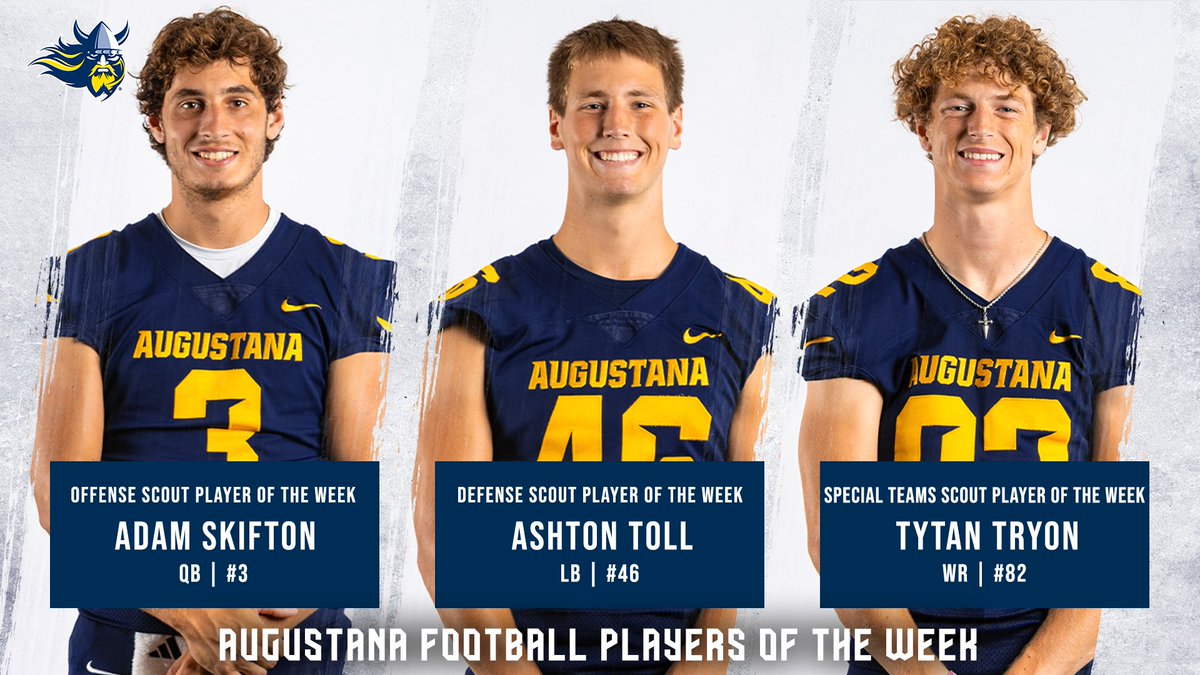 Augustana Football (@augiefb) on Twitter photo Congratulations to our Scout Players of the Week for Week Fourโ๏ธ
๐ก <a href="/ASkifton/">Adam Skifton</a>
๐ก <a href="/ashton_toll/">Ashton Toll</a>
๐ก <a href="/tytan_tryon/">Tytan Tryon</a>
#BeTheRock โ๏ธ #BuildingChampions Congratulations to our Scout Players of the Week for Week Fourโ๏ธ
๐ก <a href="/ASkifton/">Adam Skifton</a>
๐ก <a href="/ashton_toll/">Ashton Toll</a>
๐ก <a href="/tytan_tryon/">Tytan Tryon</a>
#BeTheRock โ๏ธ #BuildingChampions