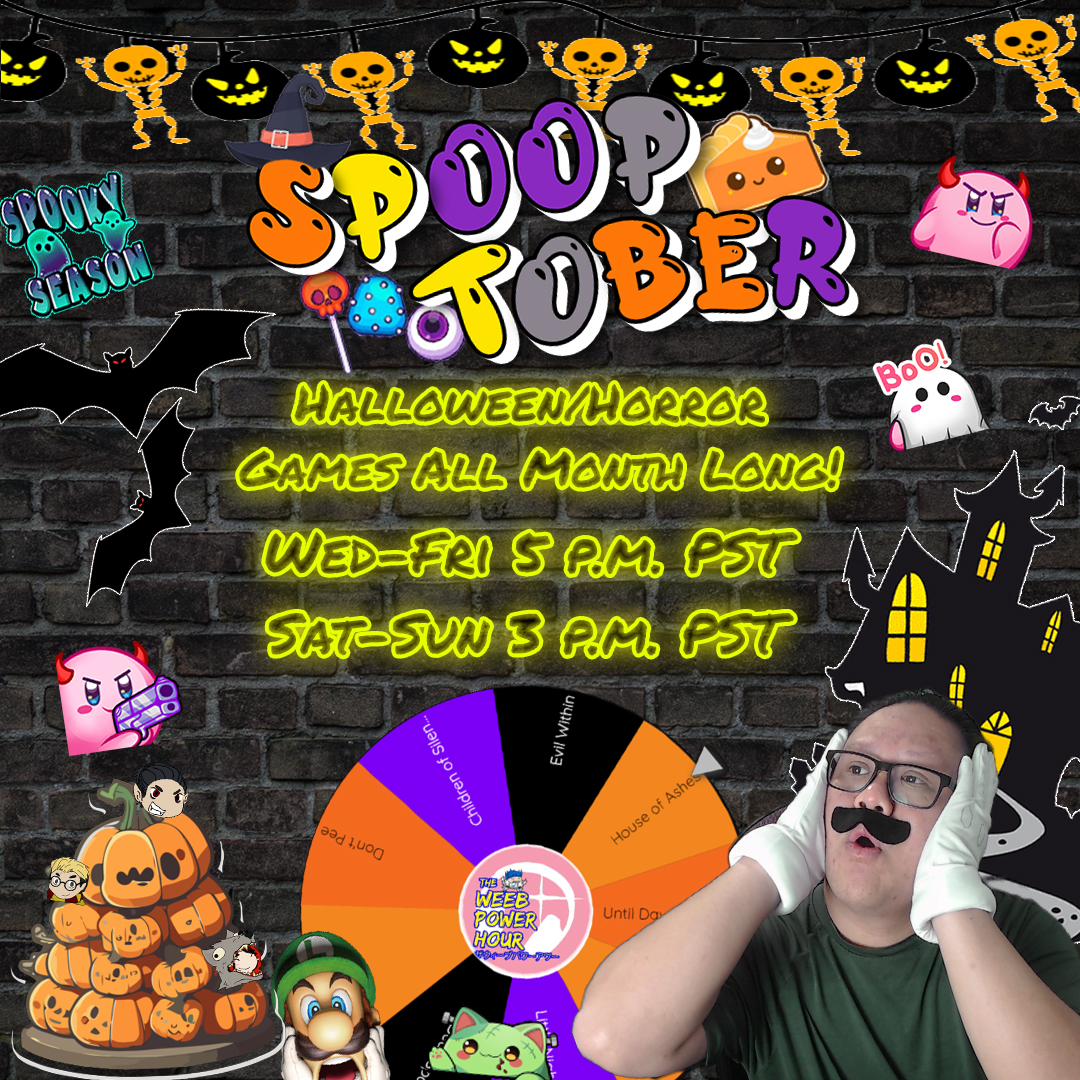 WeebPowerHour's tweet photo. Spooptober is back! All month long we will be streaming Halloween/Horror games on Twitch and Youtube! Come on by and hang out with us this year!

Links in the bio!

#streaming #youtube #youtubestreamer #twitchstreamer #gaming #anime #horrorgaming  #weebafterhour https://t.co/JR1B3EgvTa