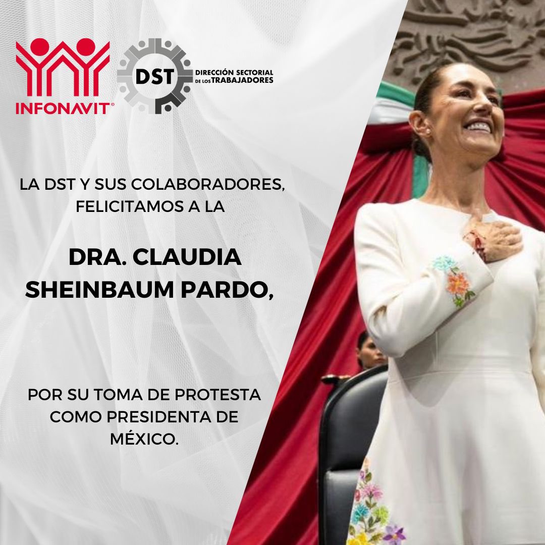 La Direccion Sectorial de los Trabajadores #Infonavit, felicita a la Dra. Claudia Sheinbaum Pardo, <a href="/Claudiashein/">Claudia Sheinbaum Pardo</a>, por asumir el cargo de Presidenta de México.

Estamos convencidos que en su gestión, juntos, podrán cristalizarse el deseo de miles de jóvenes y trabajadores que