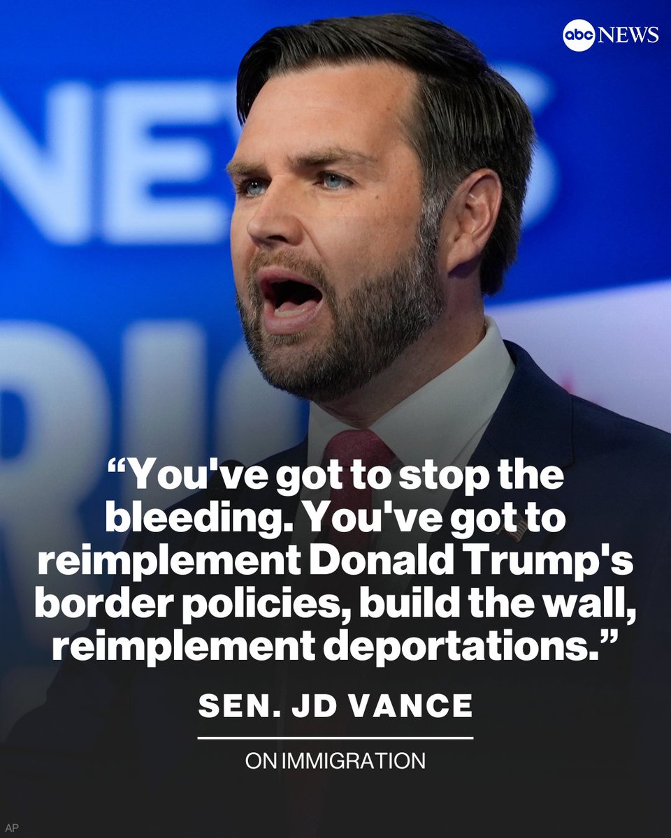 ABC's tweet image. Sen. JD Vance was pressed on his proposal to mass deport immigrants.

The senator argued that it was time to "stop the bleeding," contending Harris' policies have allowed for more criminal activity.

Follow live updates: trib.al/rgbkR0G