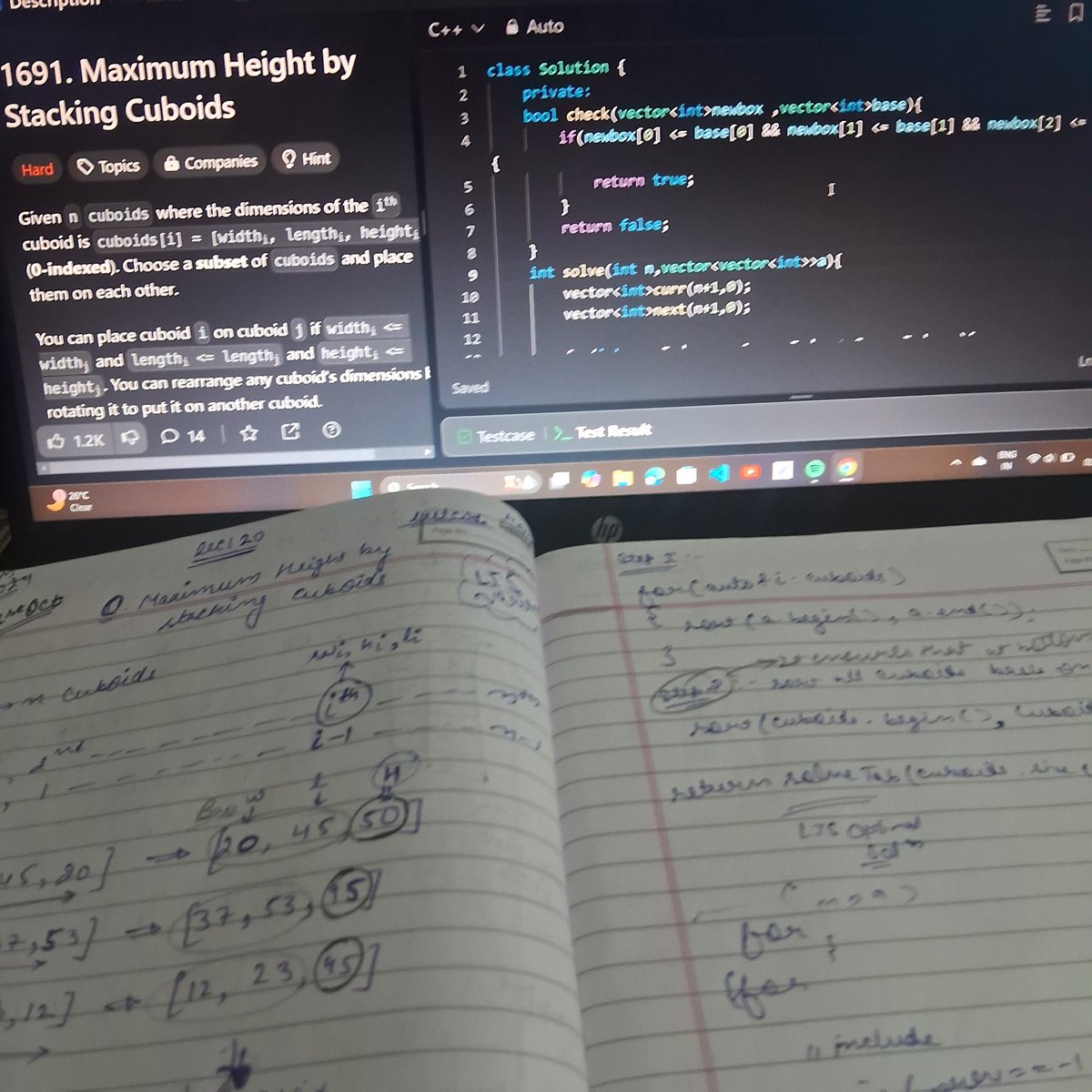 daman76752's tweet photo. #dsa #learninpublic 
1st Oct 2024
 
Leetcode hard >>Maximum Height by Stacking cuboids solved using LIS approach ✔️

#focus #dynamicprogramming #efforts #problemsolvingskill #consistency #patience #growth 💫 https://t.co/OQG8CHtzUI