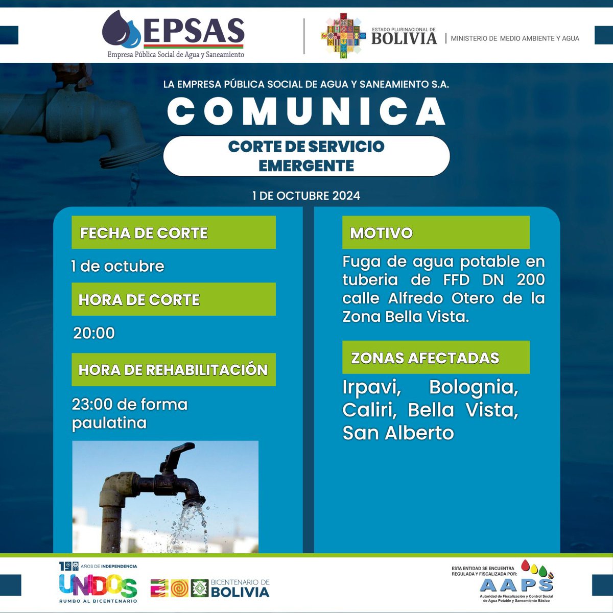 rtp_bolivia's tweet image. #RTPInforma
➡️ #EPSAS advierte que este martes se realizó un corte en el servicio debido a una fuga de agua potable y que afectó a las zonas de Irpavi, Bolognia, Caliri, Bella Vista y San Alberto a partir de las 20:00 horas. La reposición se daría a las 23:00.
