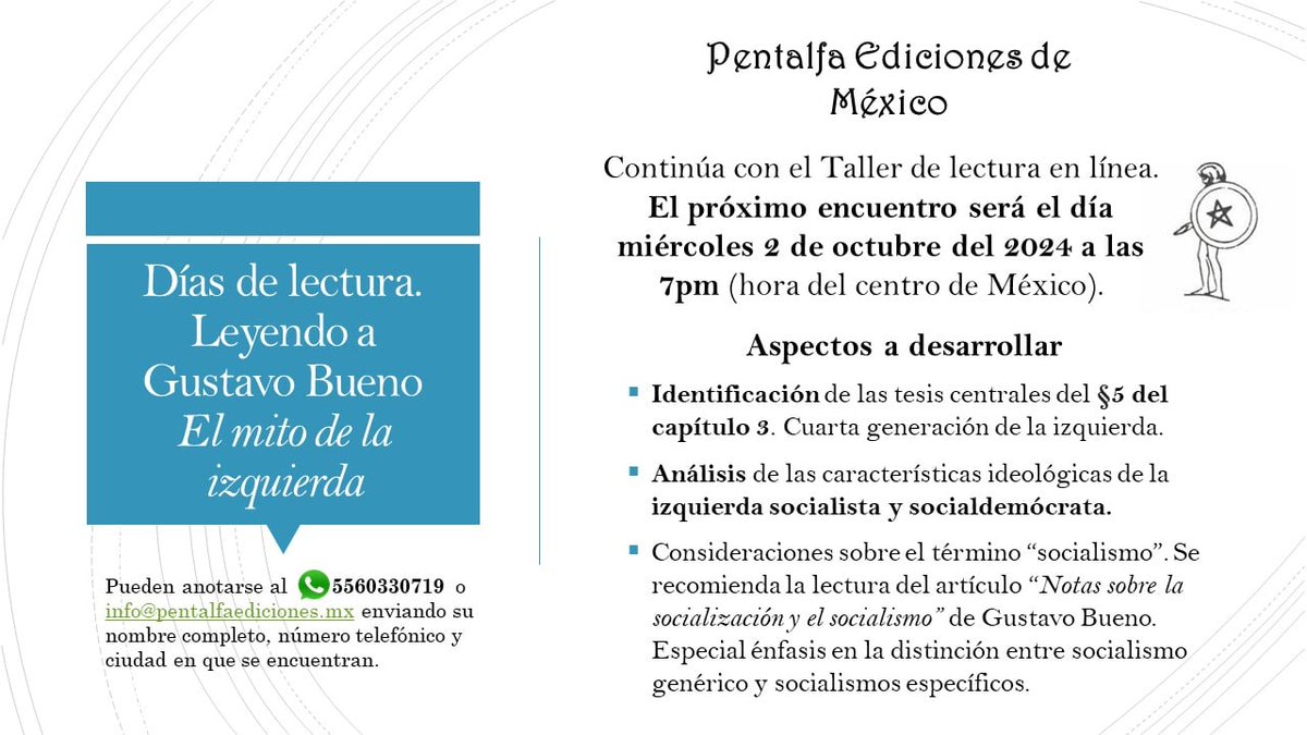 pentalfamx's tweet photo. Seguimos con nuestro Taller de Lectura dedicado a "El mito de la izquierda". Corresponde analizar la "izquierda socialista". Aunque vamos adelante en la obra aún pueden anotarse, pues cualquier momento es el adecuado para leer a Bueno. https://t.co/RslQXQFKy4