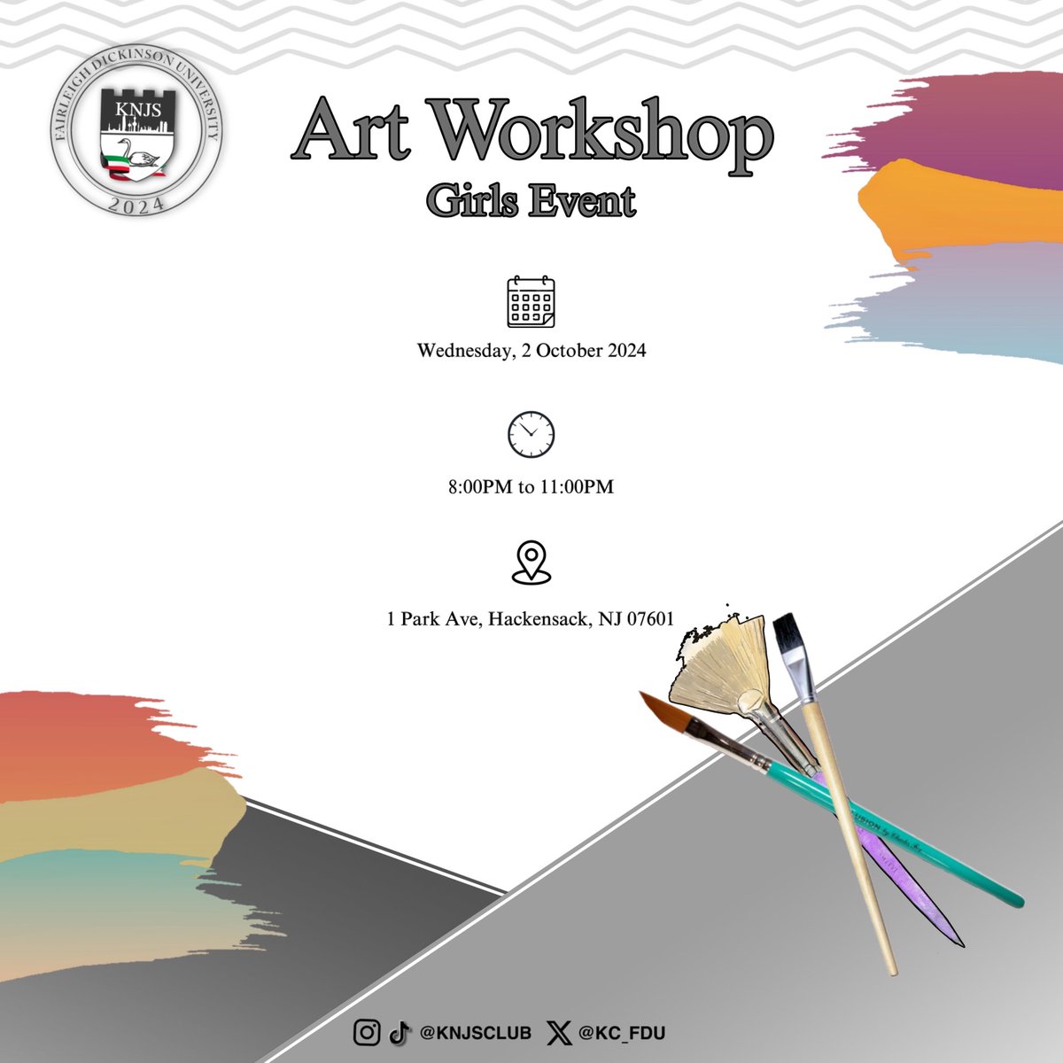 Join us on Wednesday, Art Workshop 🎨
Girls only !

🕗 8:00PM to 11:00PM

#knjs