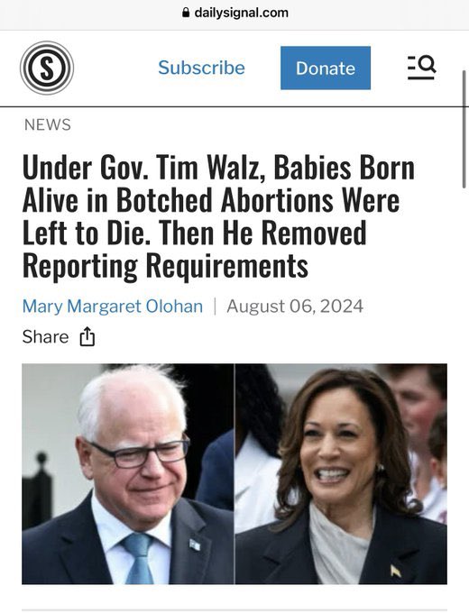 Btw Tim Walz signed a law allowing abortion until birth and allows doctors to leave a baby to die if they’re born after a botched abortion.