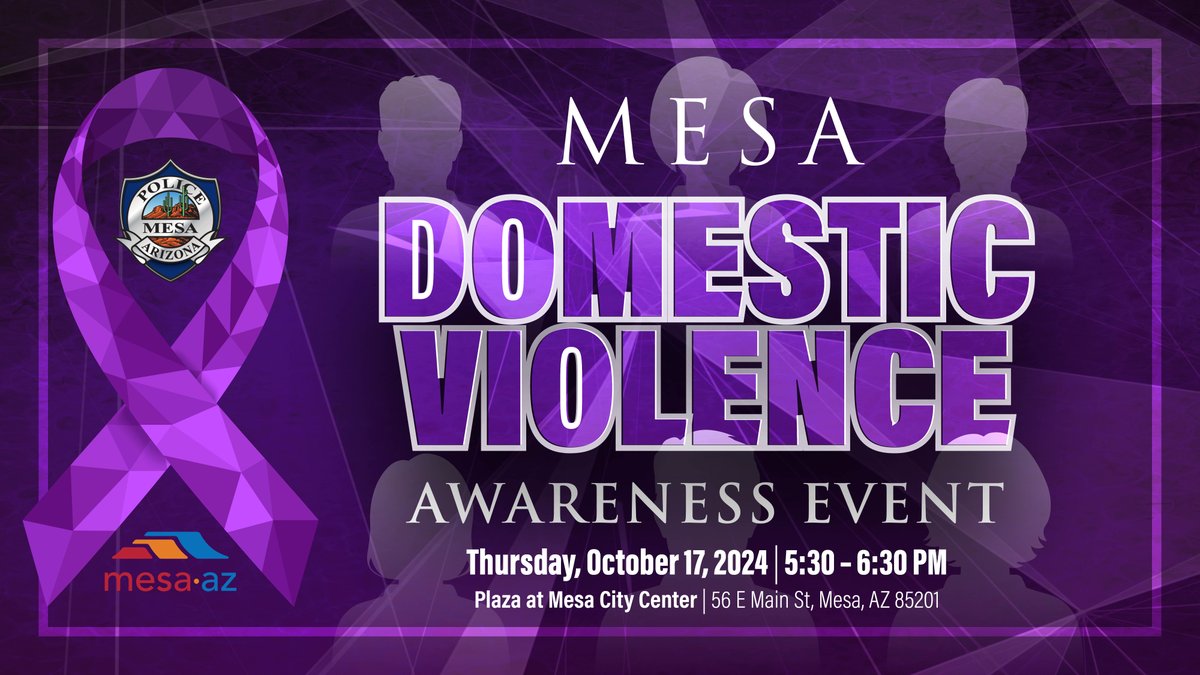 October is Domestic Violence Awareness Month, and the City invites you to a night of education and support around this difficult topic. Join us Thursday, Oct. 17 from 5:30-6:30 p.m. at the Plaza at Mesa City Center, 56 East Main St. my.mesaaz.gov/47ES3b5