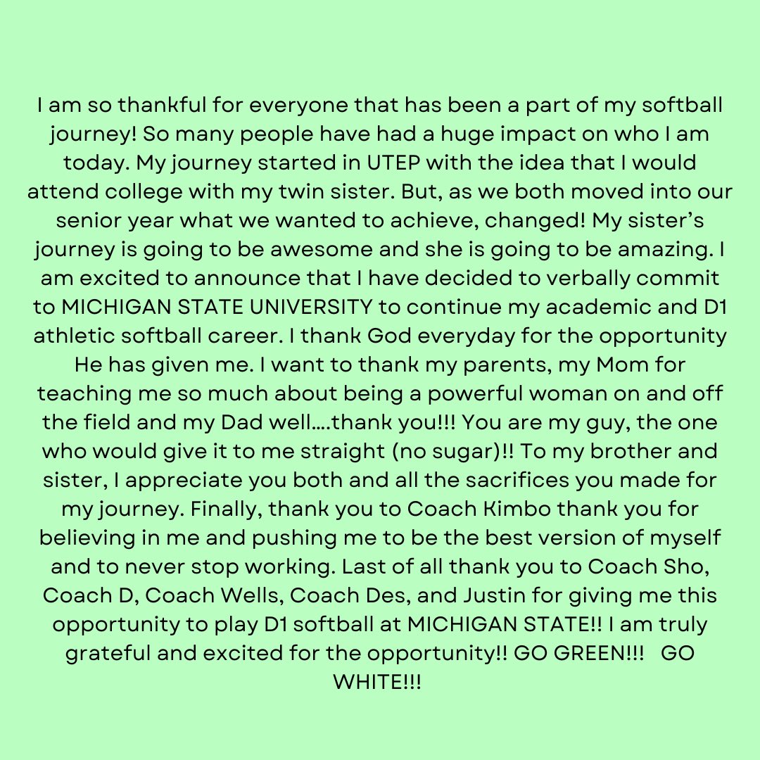 Alyssa Galindo (@alyssagalindo15) on Twitter photo I am excited to announce I have verbally committed to Michigan State to continue my academic and athletic career! 💚🤍 <a href="/MSU_Softball/">Michigan State Softball</a> <a href="/MSU_Athletics/">Michigan State Athletics</a> <a href="/MSU_NIL/">MSU EverGreen</a> <a href="/michiganstateu/">MSU</a> <a href="/CA_Howard/">Corona Angels Howard</a> <a href="/_EHSsoftball/">Etiwanda Softball</a> <a href="/EHSAthletics/">Etiwanda Athletics</a> <a href="/EHigh_Athletics/">EtiwandaAthletics</a> <a href="/210PrepSports/">210 Prep Sports</a> <a href="/ExtraInningSB/">EXTRA INNING SOFTBALL</a> <a href="/IESportsNet/">IE Sports Net on FOX Sports Radio🎙</a> I am excited to announce I have verbally committed to Michigan State to continue my academic and athletic career! 💚🤍 <a href="/MSU_Softball/">Michigan State Softball</a> <a href="/MSU_Athletics/">Michigan State Athletics</a> <a href="/MSU_NIL/">MSU EverGreen</a> <a href="/michiganstateu/">MSU</a> <a href="/CA_Howard/">Corona Angels Howard</a> <a href="/_EHSsoftball/">Etiwanda Softball</a> <a href="/EHSAthletics/">Etiwanda Athletics</a> <a href="/EHigh_Athletics/">EtiwandaAthletics</a> <a href="/210PrepSports/">210 Prep Sports</a> <a href="/ExtraInningSB/">EXTRA INNING SOFTBALL</a> <a href="/IESportsNet/">IE Sports Net on FOX Sports Radio🎙</a>
