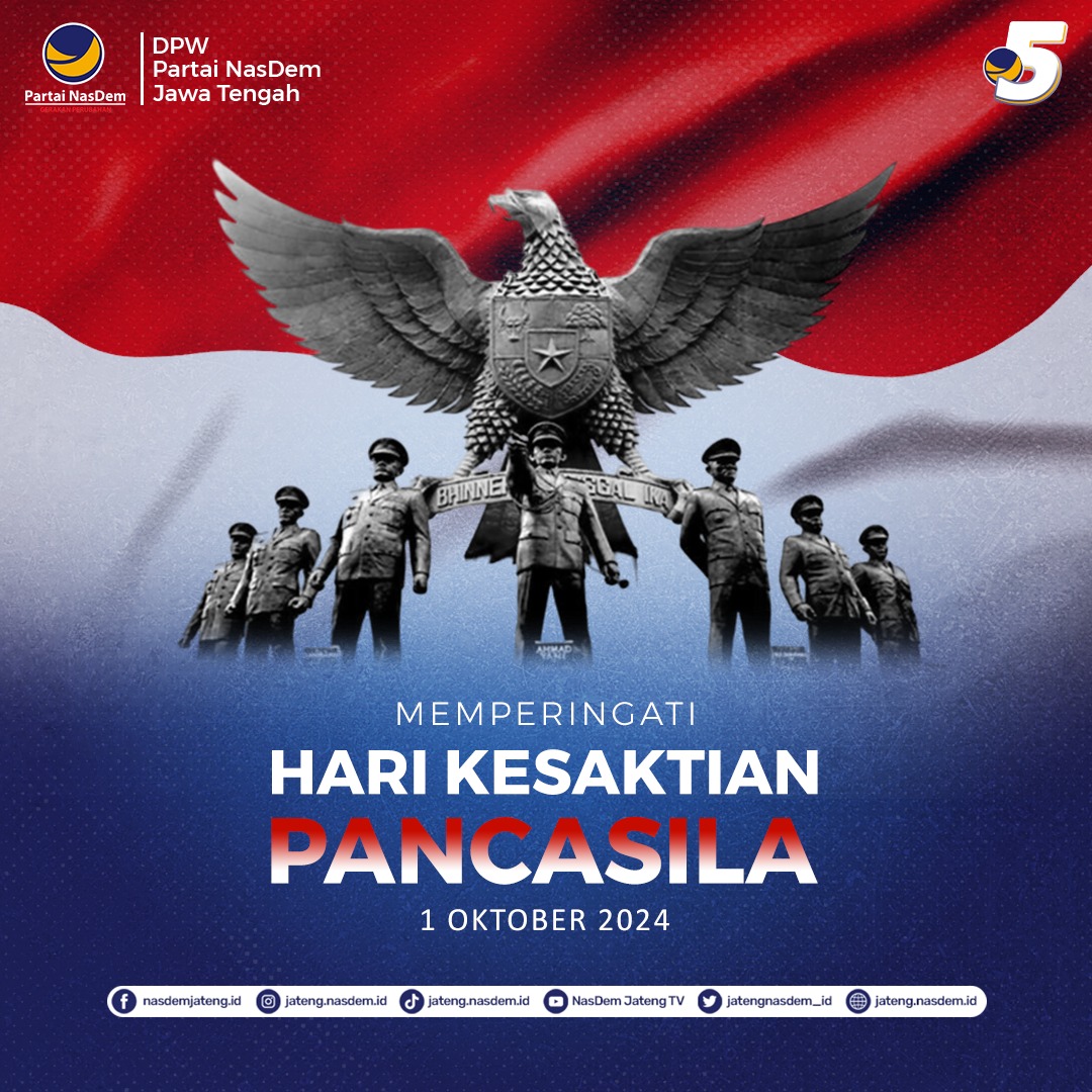 Kesaktian Pancasila mengajarkan kepada kita bahwa persatuan dan kesatuan adalah modal tangguhnya sebuah bangsa.

Selamat memperingati Hari Kesaktian Pancasila. "Bersama Pancasila Kita Wujudkan Indonesia Emas".

#pancasila
#harikesaktianpancasila
#partainasdem 
#gerakanperubahan