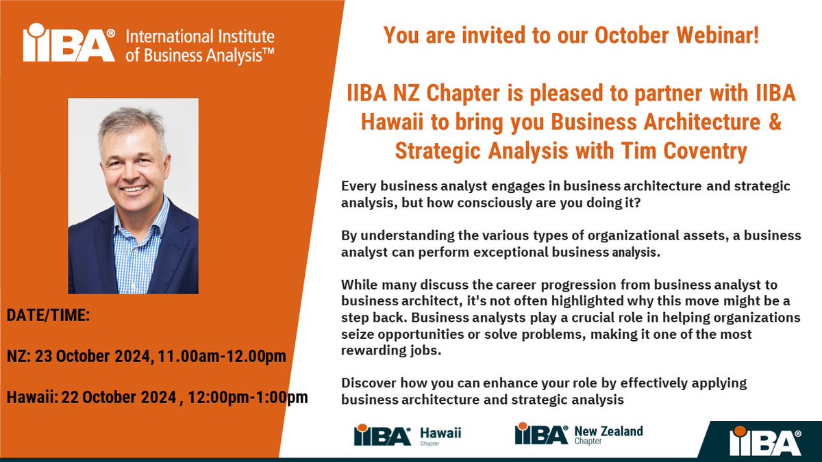 We are pleased to partner with IIBA Hawaii Chapter for our October Meetup.  Please register here:hawaii.iiba.org/events/iiba-we…