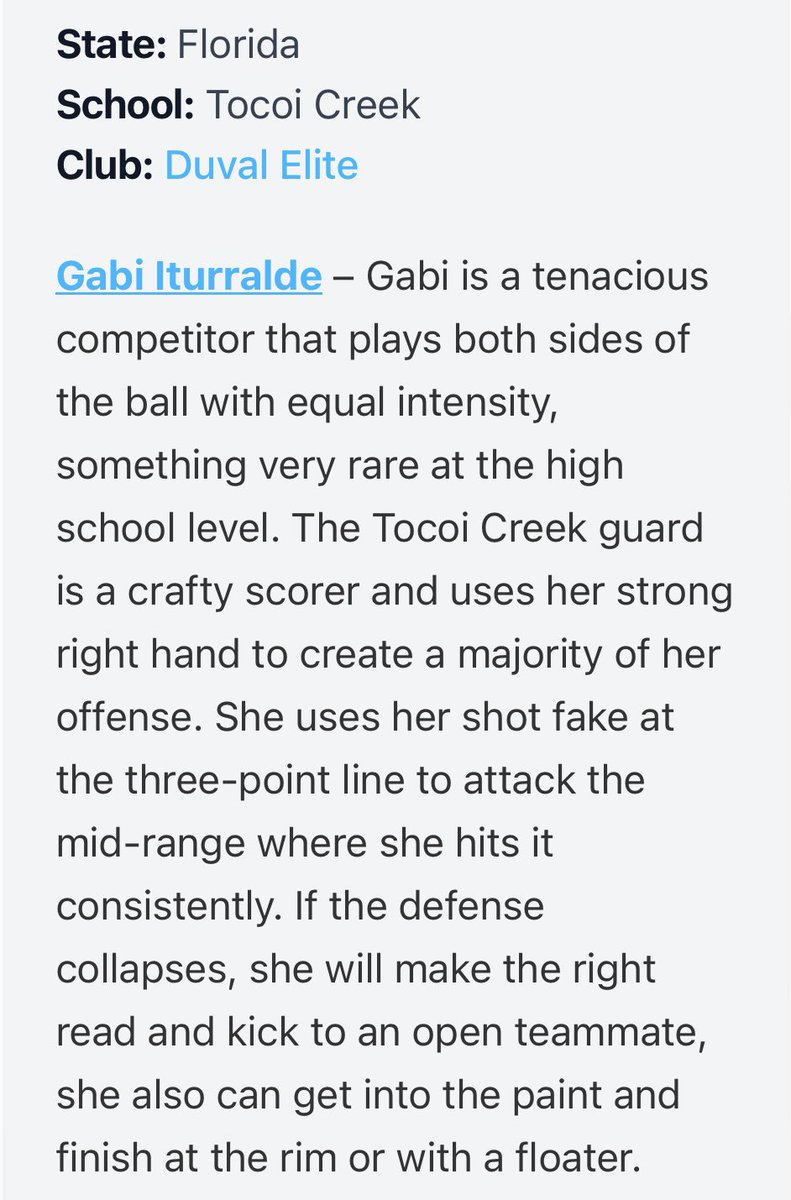 Gabrielle Iturralde (@gabriellei2027) on Twitter photo Thank you <a href="/coachgaulman/">Coach G</a> and <a href="/PGHFlorida/">Prep Girls Hoops Florida</a> for the mention!!!
Horns Up! 🤘🏼🏀
<a href="/TocoiCreekGBB/">Tocoi Creek Lady Toros</a>
<a href="/TocoiCreekToros/">Tocoi Creek Athletics</a>
<a href="/DuvalElite/">DuvalElite</a> Thank you <a href="/coachgaulman/">Coach G</a> and <a href="/PGHFlorida/">Prep Girls Hoops Florida</a> for the mention!!!
Horns Up! 🤘🏼🏀
<a href="/TocoiCreekGBB/">Tocoi Creek Lady Toros</a>
<a href="/TocoiCreekToros/">Tocoi Creek Athletics</a>
<a href="/DuvalElite/">DuvalElite</a>