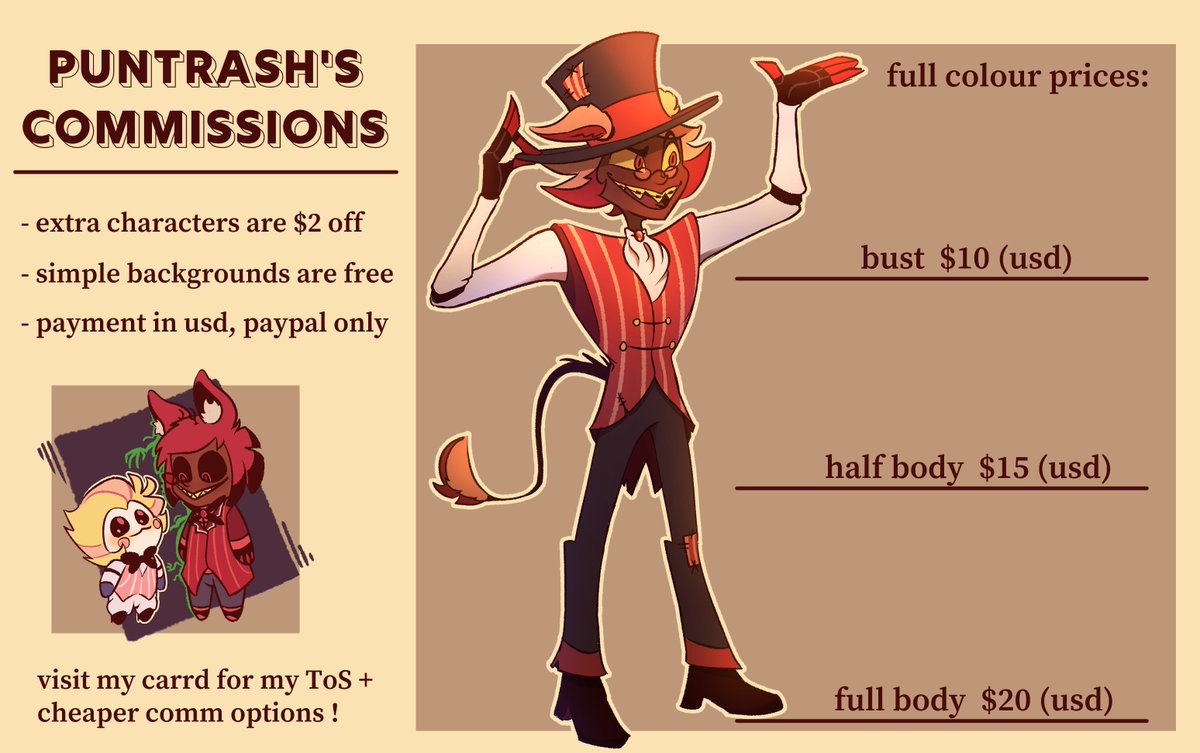 puntrash's tweet image. opening up comms!
feel free to leave a comment or dm if interested 💛
thank you for supporting my art!
you can see more examples and info on my carrd:
puntrash.carrd.co/#