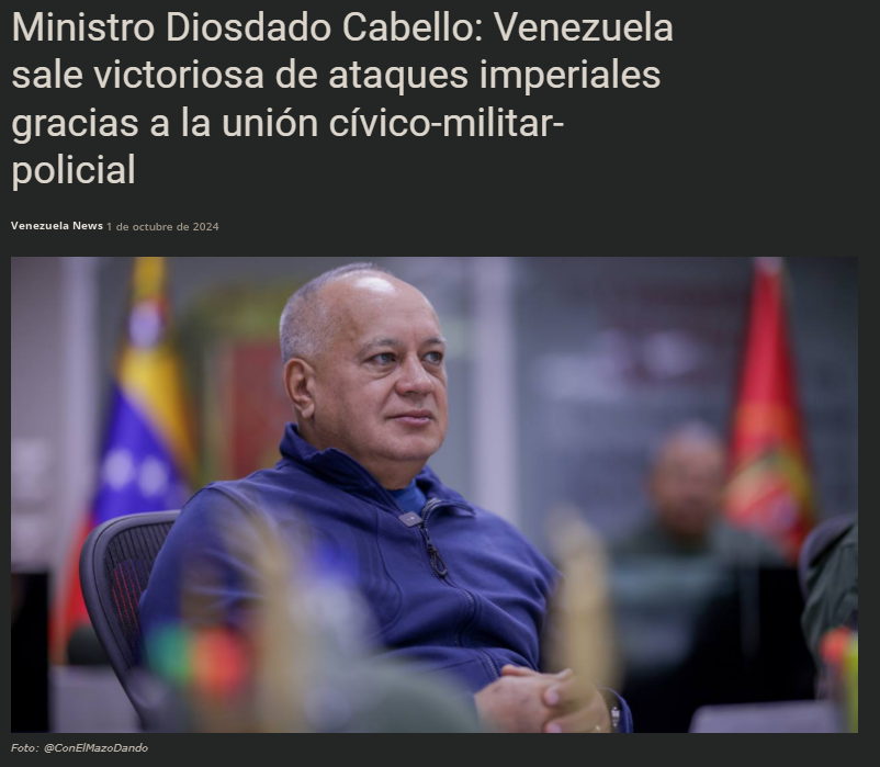 SoyBiristay's tweet photo. Ministro Diosdado Cabello: Venezuela sale victoriosa de ataques imperiales gracias a la unión cívico-militar-policial
https://t.co/p2SXnT5PCD
vía venezuela news #2Oct https://t.co/KugSNx94Vb